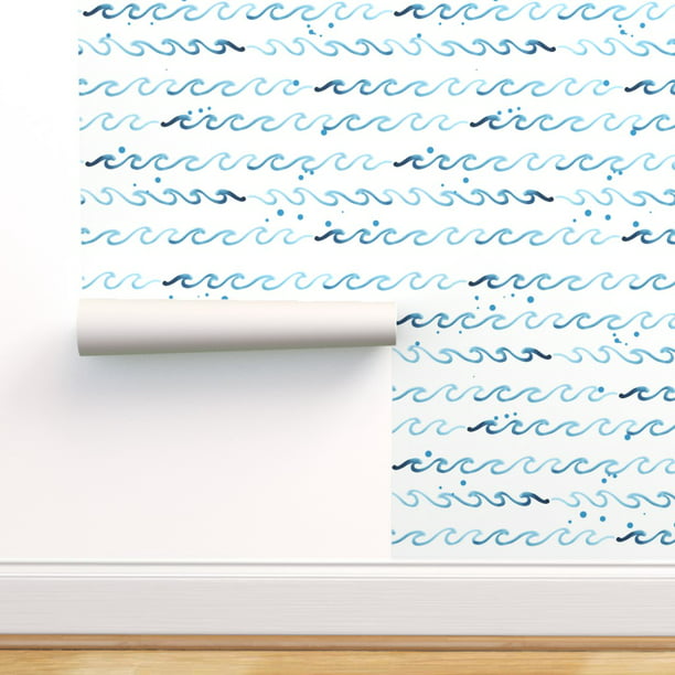 Removable Water-Activated Wallpaper Ocean Waves Blue Aqua Modern Wavy Sea